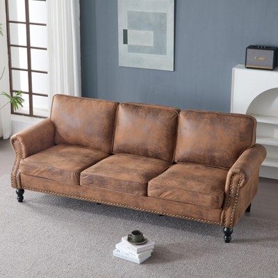 GlasFlength Nailhead Sofa, Upholstered 2 Seater Sofal Faux Leather Couch with Wooden Leg for Living Room, Brown, 82.68"*32.28"*32.25"