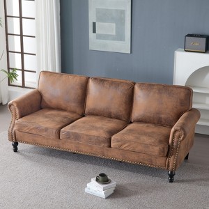 GlasFlength Nailhead Sofa, Upholstered 2 Seater Sofal Faux Leather Couch with Wooden Leg for Living Room, Brown, 82.68"*32.28"*32.25" - 1 of 4