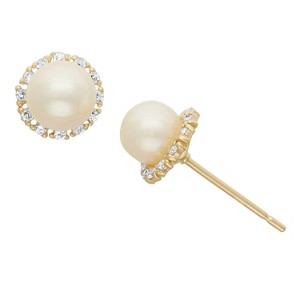 Junior Jewels 14K Yellow Gold Children's Freshwater Pearl And CZ Earrings - 1 of 2