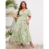 Womens Plus Size V Neck Wrap Maxi Dress High Waist Ruffle Summer Casual Dress with Belt - 3 of 4