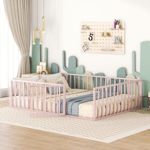 CAVINAS Twin/Full/Queen Size Metal Bed Frame with Safety Fence & Door,Modern Floor Bed for Kids Room,Playroom - 1 of 4