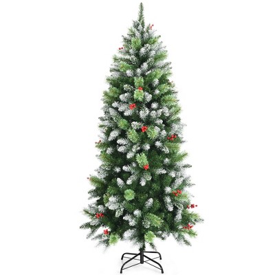 Costway 6ft Unlit Snowy Hinged Artificial Christmas Pencil Tree w/ Red Berries