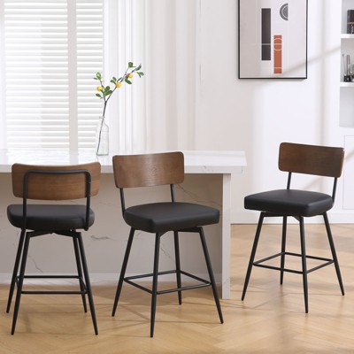 Bekrvio 26" Counter Height Swivel Bar Stools - Upholstered Faux Leather, Wood Backs & Metal Legs, Counter Stools for Kitchen Island