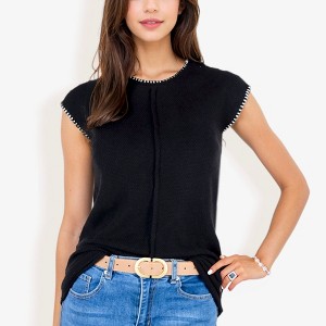 Anna-Kaci Women's Cap Sleeve Knit Sweater With Contrast Trim Stitching - 1 of 4