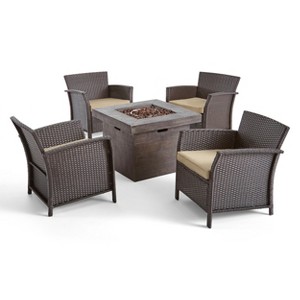 Christopher Knight Home Raina Outdoor Wicker 5 Piece Club Chair and Fire Pit Set with Cushion - 1 of 4