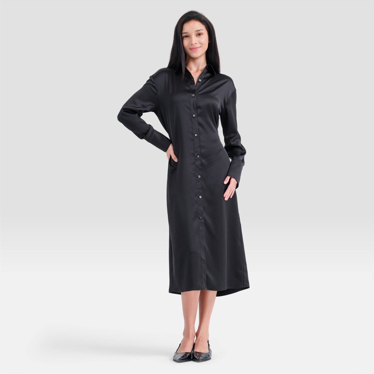 Women's Long Sleeve Tie-Waist Midi Shirtdress - A New Day™