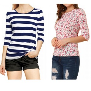 Allegra K Women's Elbow Sleeves Round Neck Slim Fit T-Shirt 2 Packs - 1 of 4