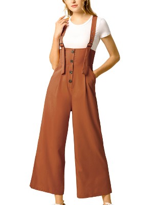 Allegra K Women's High Waist Wide Leg Belted Button Long Overalls Jumpsuit