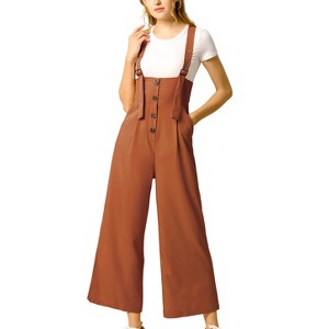 Allegra K Women's High Waist Wide Leg Belted Button Long Overalls Jumpsuit - 1 of 4