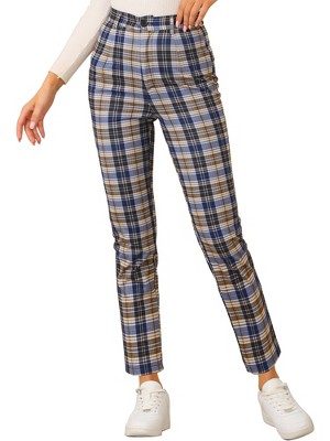 Allegra K Women's Plaid Tartan High Waisted Button Casual Pants