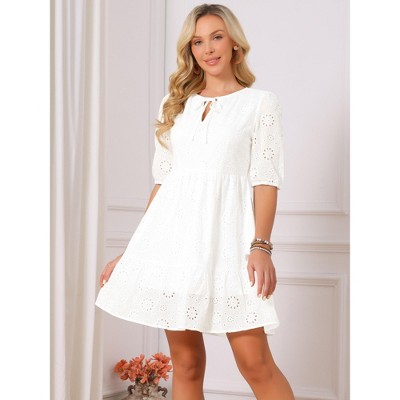 Женские платья INSPIRE CHIC Women's Lace Eyelet Summer Tie V Neck Half Puff Sleeve Tiered Flowy A Line Mini Dress Medium White — фото 2