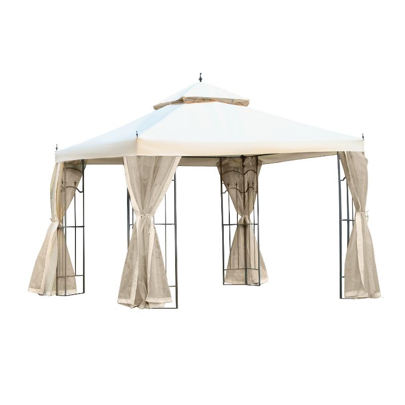 Outsunny 118" x 118" Steel Outdoor Patio Gazebo Canopy with Removable Mesh Curtains, Display Shelves, & Steel Frame, Cream White, 4 of 9