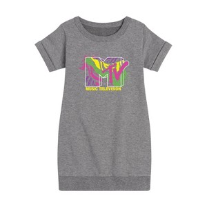 Girls' - MTV - Animal Print Splatter Graphic Short Sleeve Fleece Dress - 1 of 3