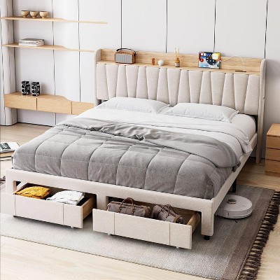 King Size Bed Frame with Storage Headboard, Charging Station, Upholstered Platform with Drawers, Sturdy Wooden Slats, No Box Spring, Light Grey