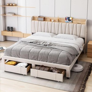 King Size Bed Frame with Storage Headboard, Charging Station, Upholstered Platform with Drawers, Sturdy Wooden Slats, No Box Spring, Light Grey - 1 of 4