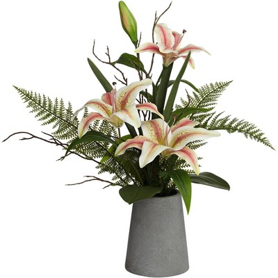 Dahlia Studios Pink Lily and Fern 22 1/2" High Faux Flowers in Vase