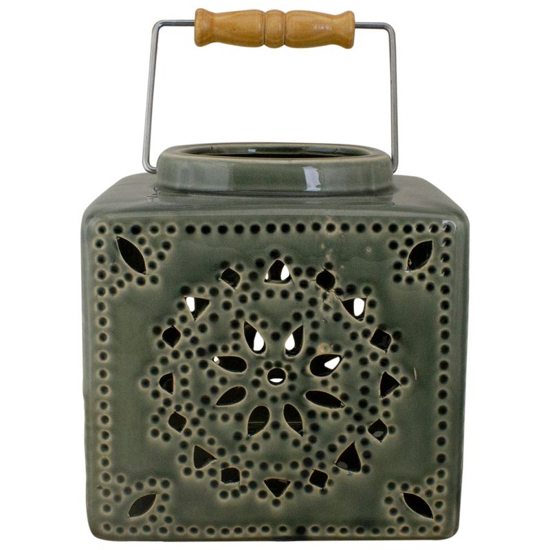 Northlight 6.75" Dark Olive Green Square Crackle Finish Mosaic Cut Out Candle Lantern, 3 of 5