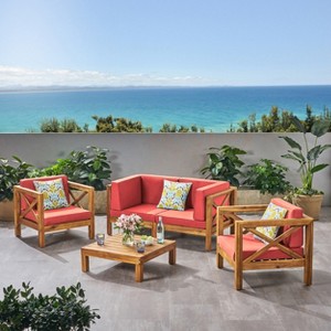 Christopher Knight Home Brava Outdoor Acacia Wood 4 Seater Chat Set with Cushions - 1 of 4