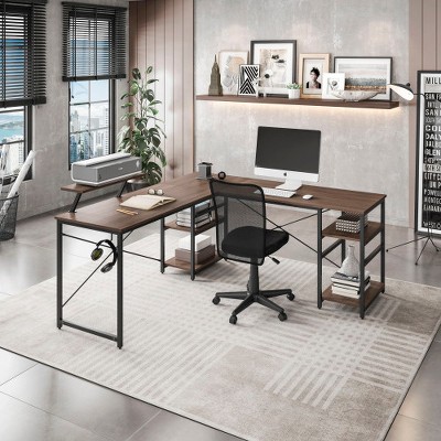 Aoxun Home Office Set Industrial L-Shaped Desk  Storage & Monitor Shelf + 5-Tier Grey Bookcase  Bottom Molding