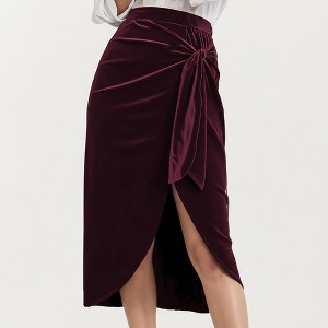 Anna-Kaci Women's Velvet Wrap Midi Skirt with Soft Draped Texture Elegant Side Tie Detail and Flattering Overlap Front Silhouette - 1 of 4