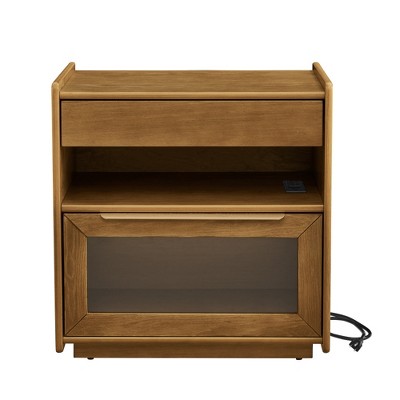 Lirago Mid Century Modern Nightstand with Charging Station 2 Drawers Open Shelf Dark Walnut  24.4"H x 15.75"D x 23.6"W
