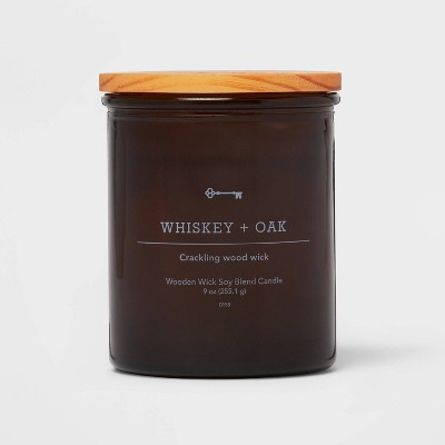 Amber Glass Whiskey + Oak Lidded Wood Wick Jar Candle 9oz - Threshold™
