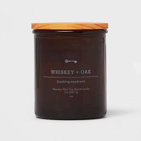 Amber Glass Whiskey + Oak Lidded Wood Wick Jar Candle 9oz