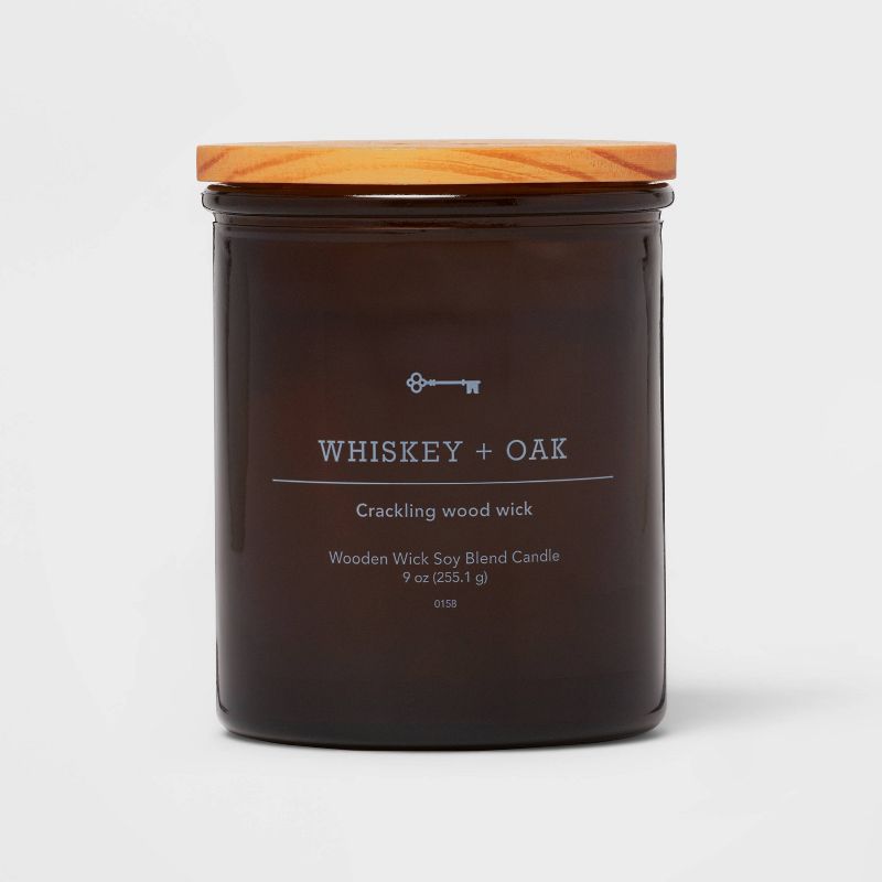 Amber Glass Whiskey + Oak Lidded Wooden Wick Jar Candle 9oz - Threshold&#8482;, 1 of 4