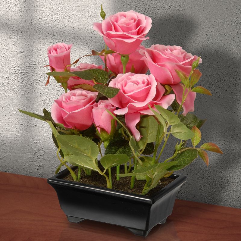 National Tree Company 10" Potted Pink Rose Flowers, 3 of 7