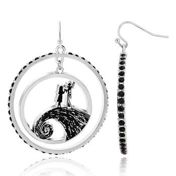 Disney Womens The Nightmare Before Christmas Jack and Sally Double Circle Drop Hoop Earrings with Black Crystals