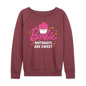 Women's - Barbie - Birthdays Are Sweet Lightweight French Terry Wide Neck Long Sleeve Shirt - 1 of 4