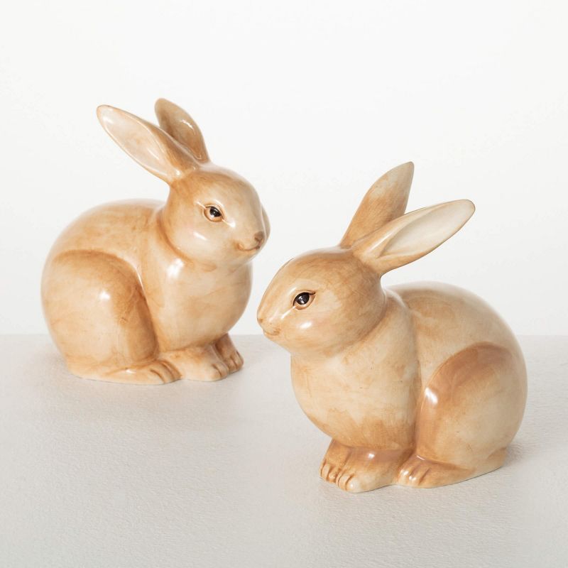 Sullivans 6" Brown Sitting Bunny Figurines Set of 2, Ceramic, 1 of 4