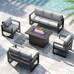 LayinSun 5 Pieces Aluminum Outdoor Patio Furniture Set, Metal Modern Conversation Sofa Set with Fire Pit Table and Washable Thick Cushions - 1 of 4