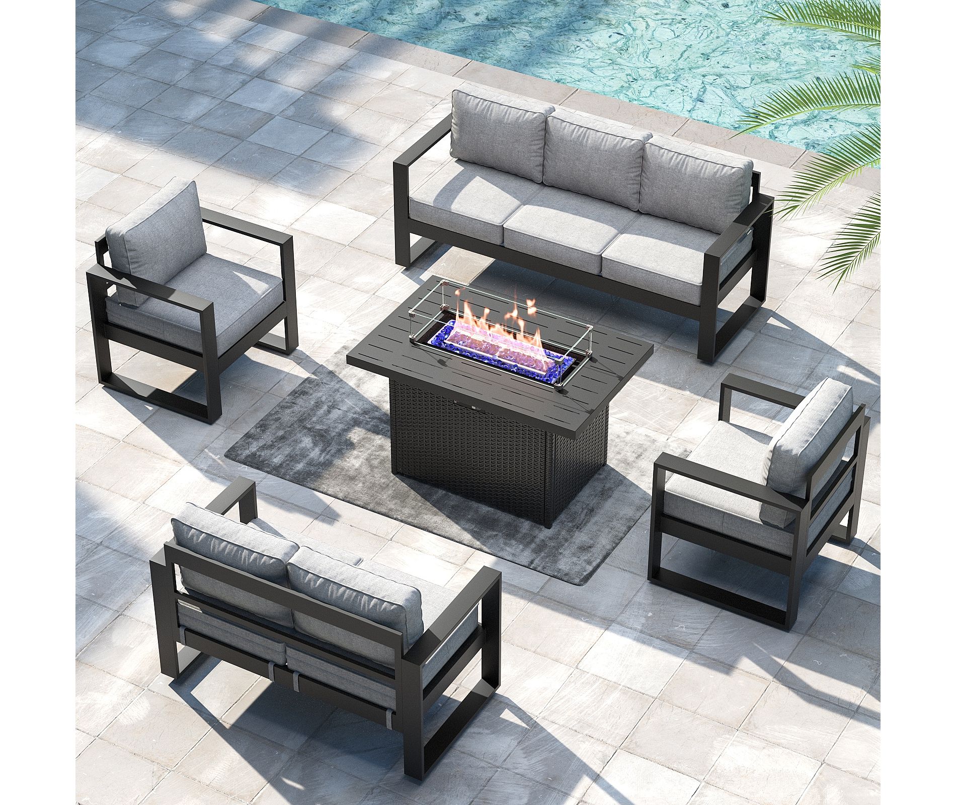 LayinSun 5 Pieces Aluminum Outdoor Patio Furniture Set, Metal Modern Conversation Sofa Set with Fire Pit Table and Washable Thick Cushions
