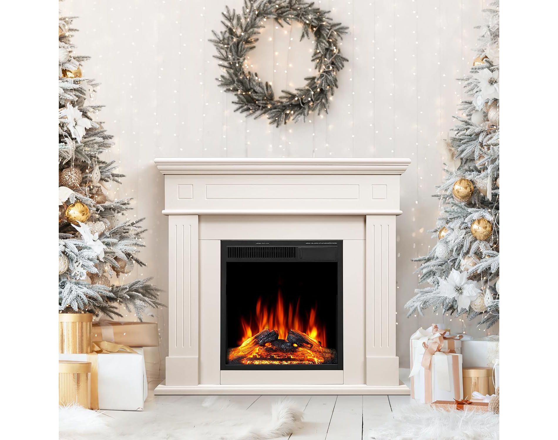 ZAFRO Electric Fireplace Mantel Package Wooden Surround Firebox TV Stand Free Standing Electric Fireplace Heater with Logs, Adjustable Led Flame