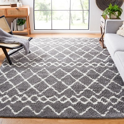 Gray and Cream Square Shag Rug with Geometric Pattern