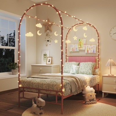 Twin Canopy Bed Frame with Upholstered Headboard, Metal Canopy Bed Frame with Under-Bed Storage & Strong Slats Support, No Box Spring Needed