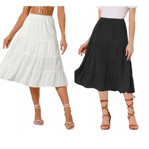 INSPIRE CHIC Women's Midi Solid Elastic Waist Flare Tiered A-Line Skirt with Pockets 2 Packs - 1 of 4