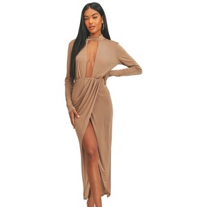 Slickblue Women's Pecan Brown Open Front Dress, Long Sleeve, Midi Length, Casual Fit, Size S-L - 1 of 4