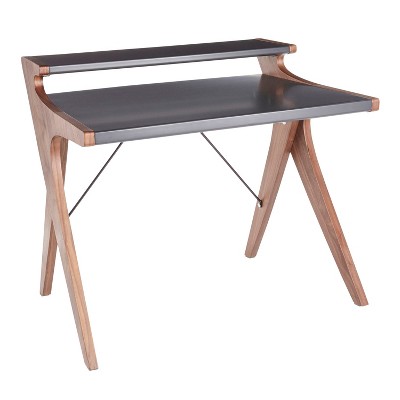 Vynxaria Contemporary Desk - Walnut Wood Frame & Grey Wood Top, Raised Hutch, Fixed Height, 100 lbs Weight Limit