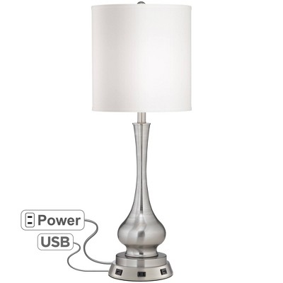 Possini Euro Design Modern Table Lamp with USB and AC Power Outlet Workstation Charging Base Brushed Nickel Gourd for Living Room