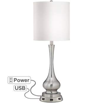 Possini Euro Design Modern Table Lamp 32" Tall Brushed Nickel with USB and AC Power Outlet Workstation Base White Shade for Bedroom Living Room House