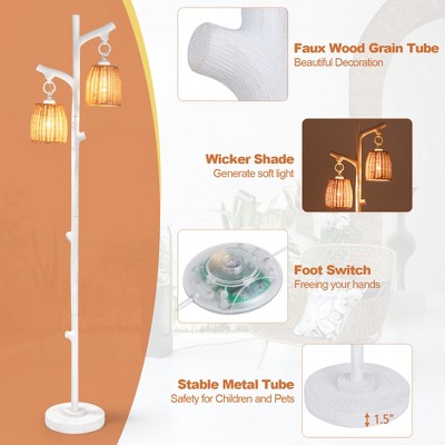 White Faux Wood Adjustable Floor Lamp with Wicker Shades