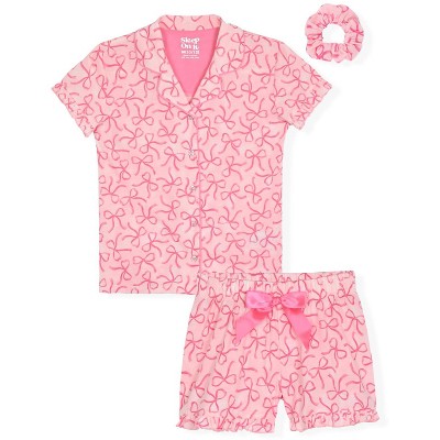 Sleep On It Girls 2-Piece Short-Sleeve Button Down Collared Coat Pajama Set with Matching Scrunchie