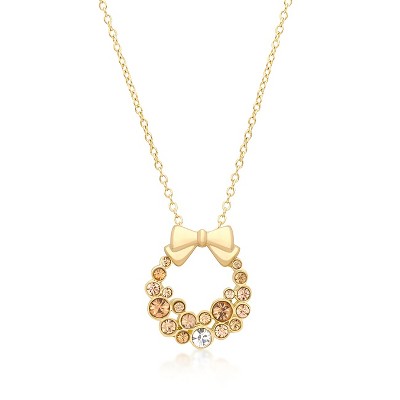 Slickblue Holiday Wreath Pendant Necklace for Women – 18K Gold Plated, Champagne Crystals, 16” + 3” Extender