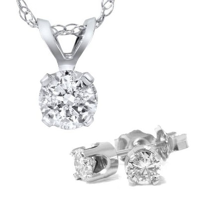 Pompeii3 1 5/8 Carat Diamond Solitaire Necklace & Studs Earrings Set 14K White Gold