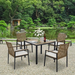 ELJGET 5/7 Pieces Patio Dining Table Sets, All Weather Patio Conversation Set with Acacia Wood Table Top and Umbrella Hole, Rattan Outdoor, Beige - 1 of 4