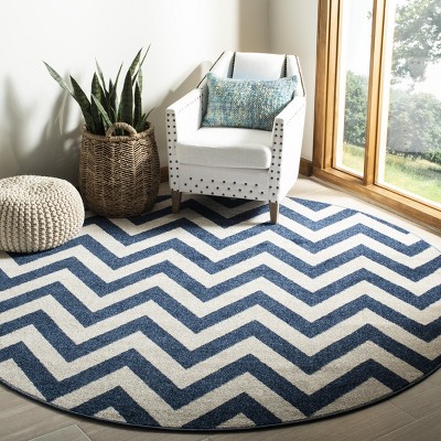 Navy & Beige Hand-Knotted Stripe Synthetic 7' Round Rug