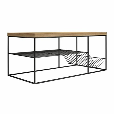 Neely Art Deco-Inspired Natural Wood & Black Metal Coffee Table with Storage