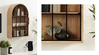 Natural Wood and Black Arched Wall Cabinet with Metal Door